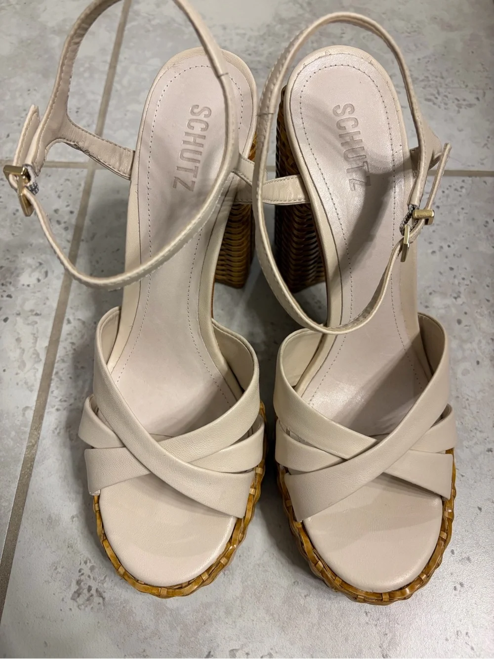 Schutz |Keefa Resort Straw Beige Woven Platform Sandal with Ankle Strap|Sz 10.5